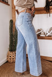Light wash rhinestone wide leg jeans with gingham shirt, side view