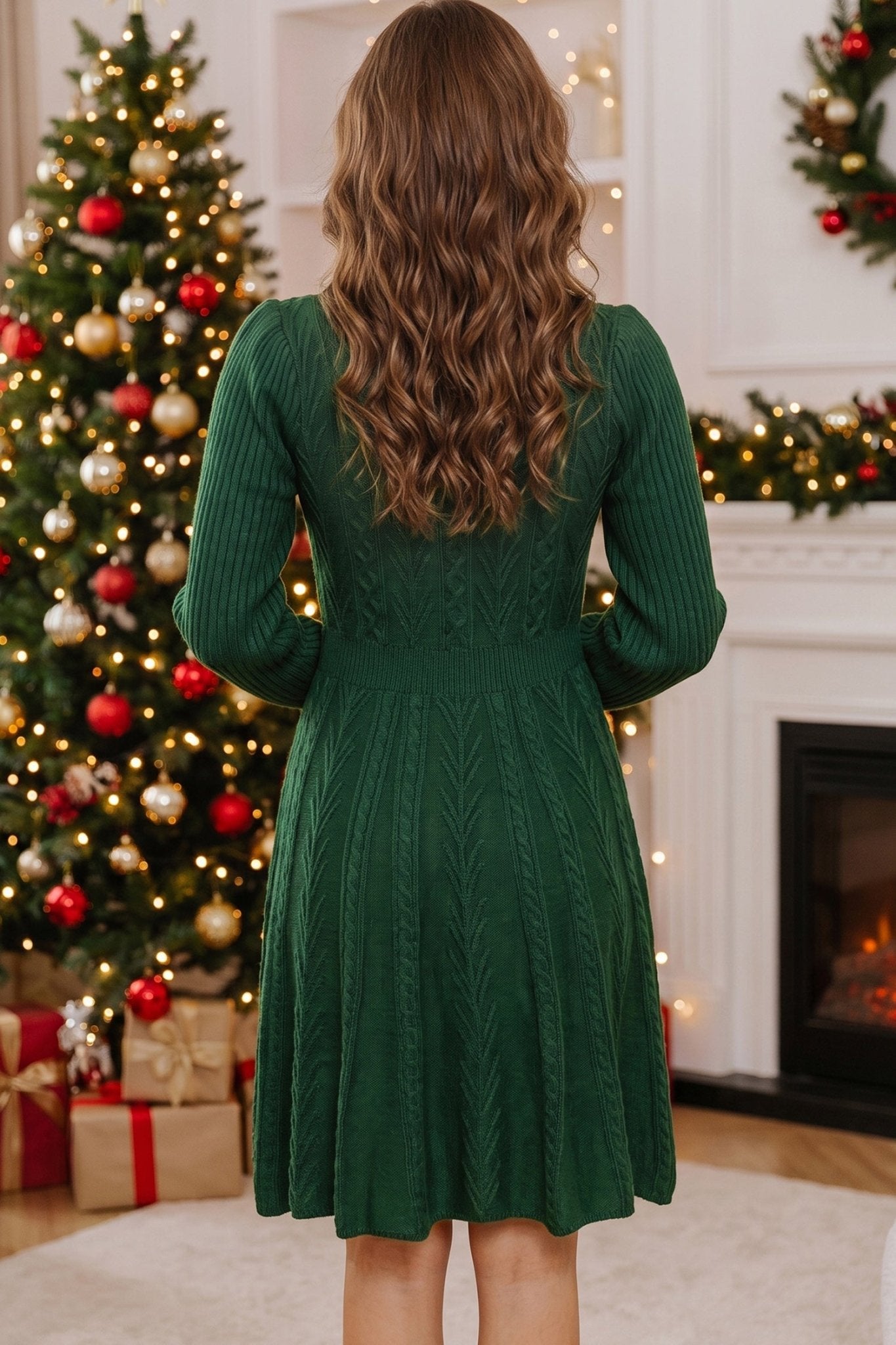 Back view of woman in dark green ribbed knit dress in cozy holiday room.