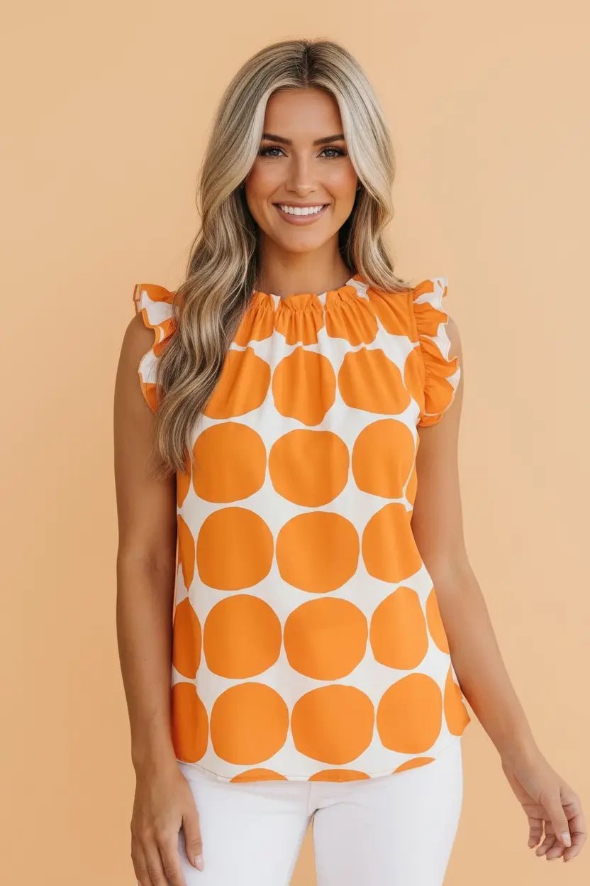 Round Neck Polka Dot Flutter Sleeve Tank Top | Zarnesh