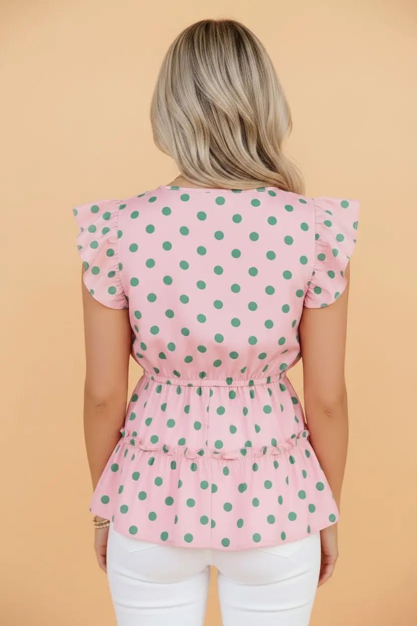 Ruffle Tiered Polka Dot V-Neck Babydoll Blouse | Zarnesh