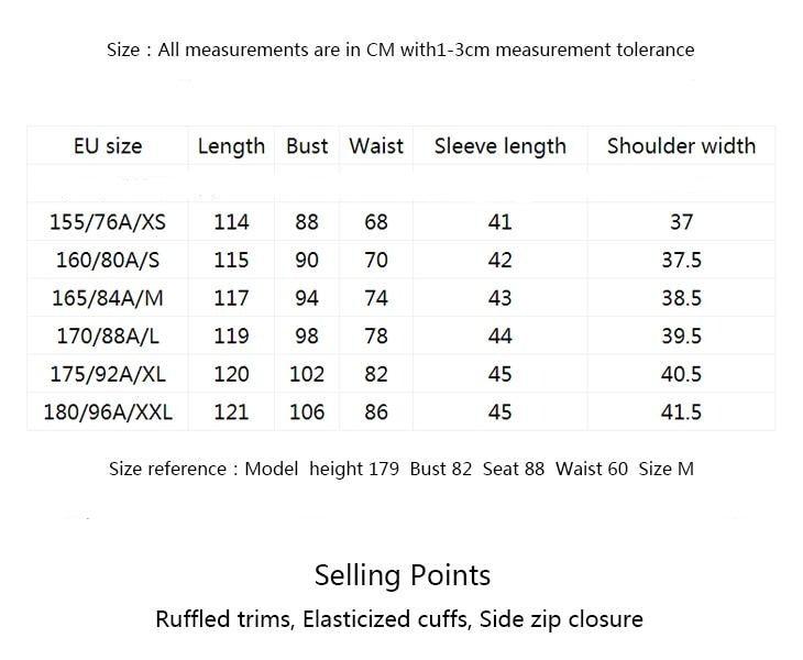 Size chart for clothing with measurements in centimeters