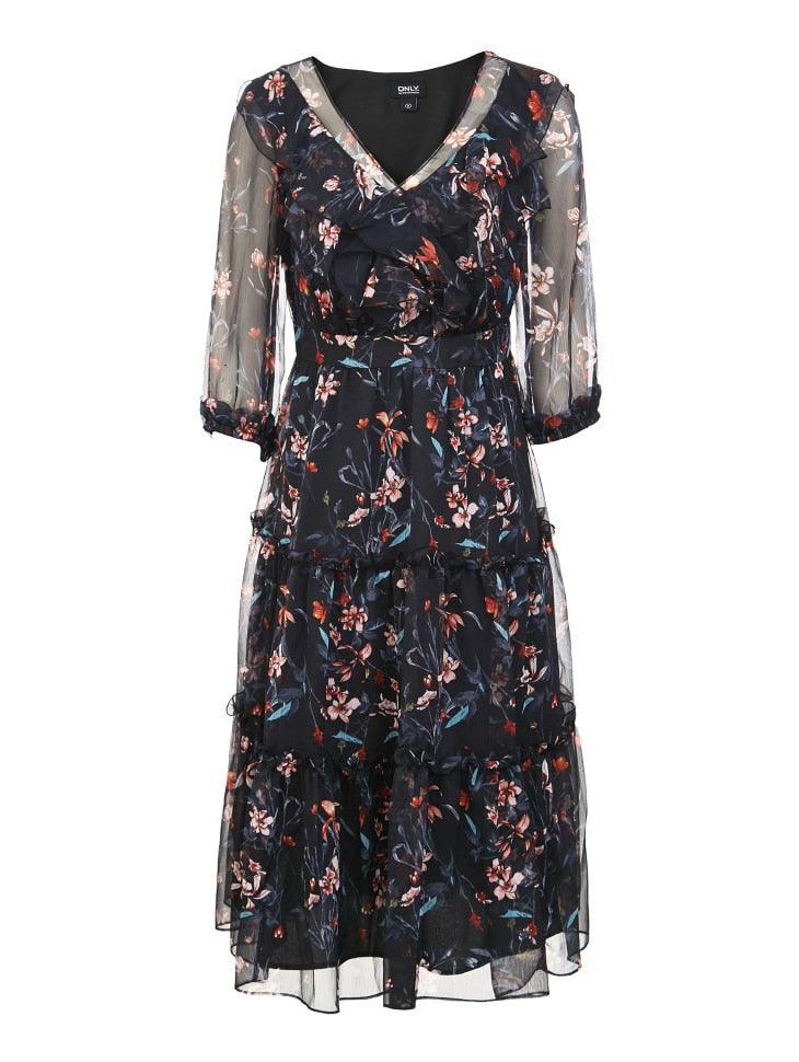 Floral dress with sheer sleeves on a white background