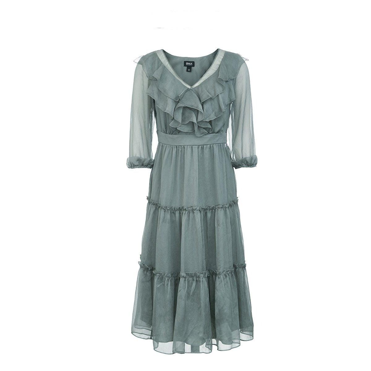 A dusty sage green tiered midi dress with sheer three-quarter sleeves and a ruffled V-neckline, shown against a plain white background.