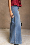 Dusk blue high waist flare leg jeans with seam detail, side view