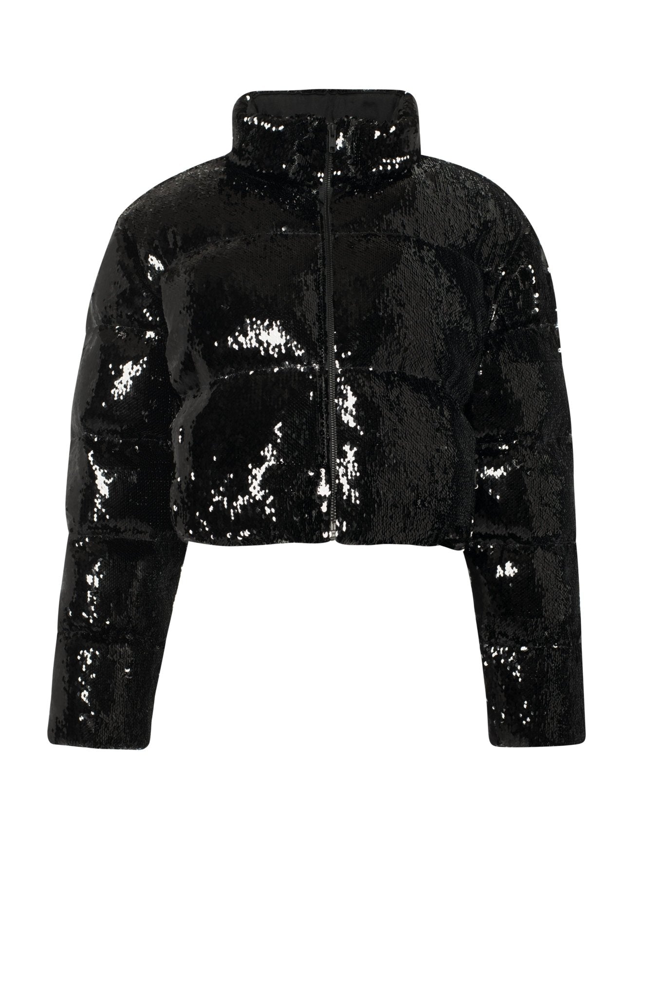 Black sequin puffer jacket on a white background