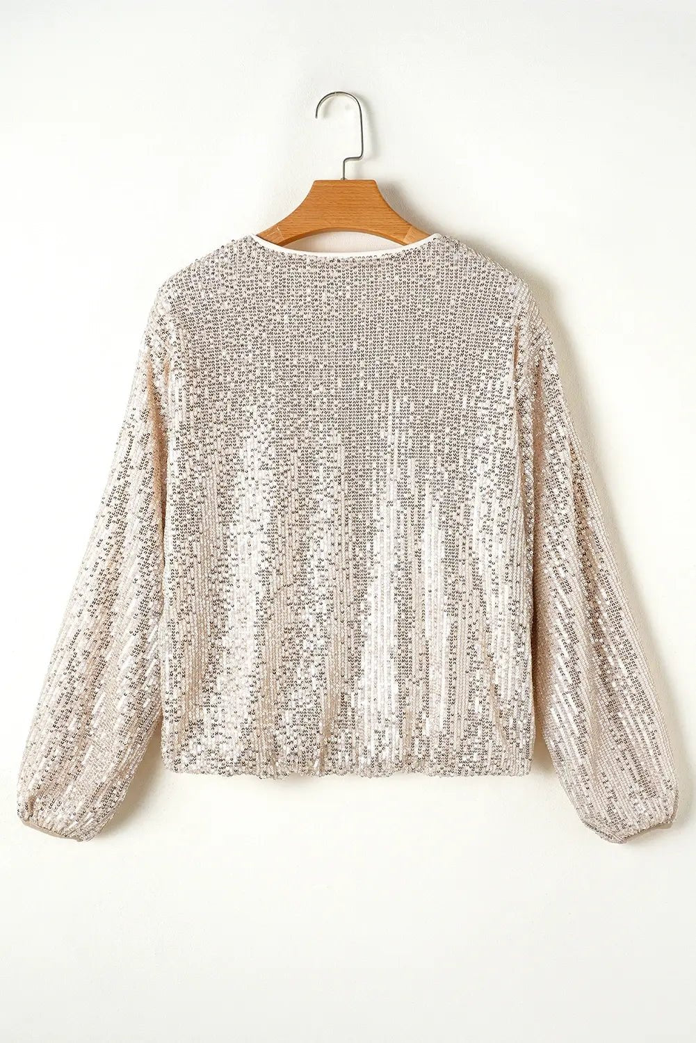 A long-sleeve sequined top in a champagne beige color, hanging on a wooden hanger against a plain white background.