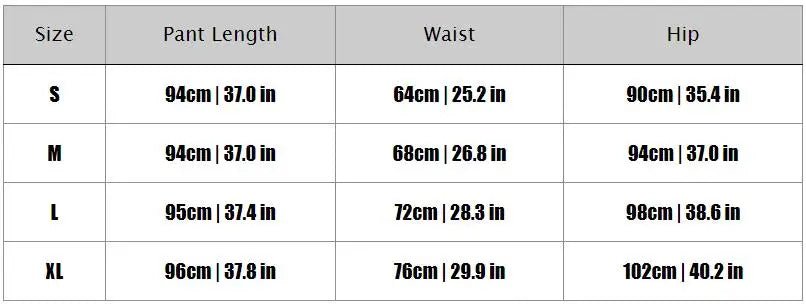 Table displaying pant size chart with measurements for length, waist, and hip.