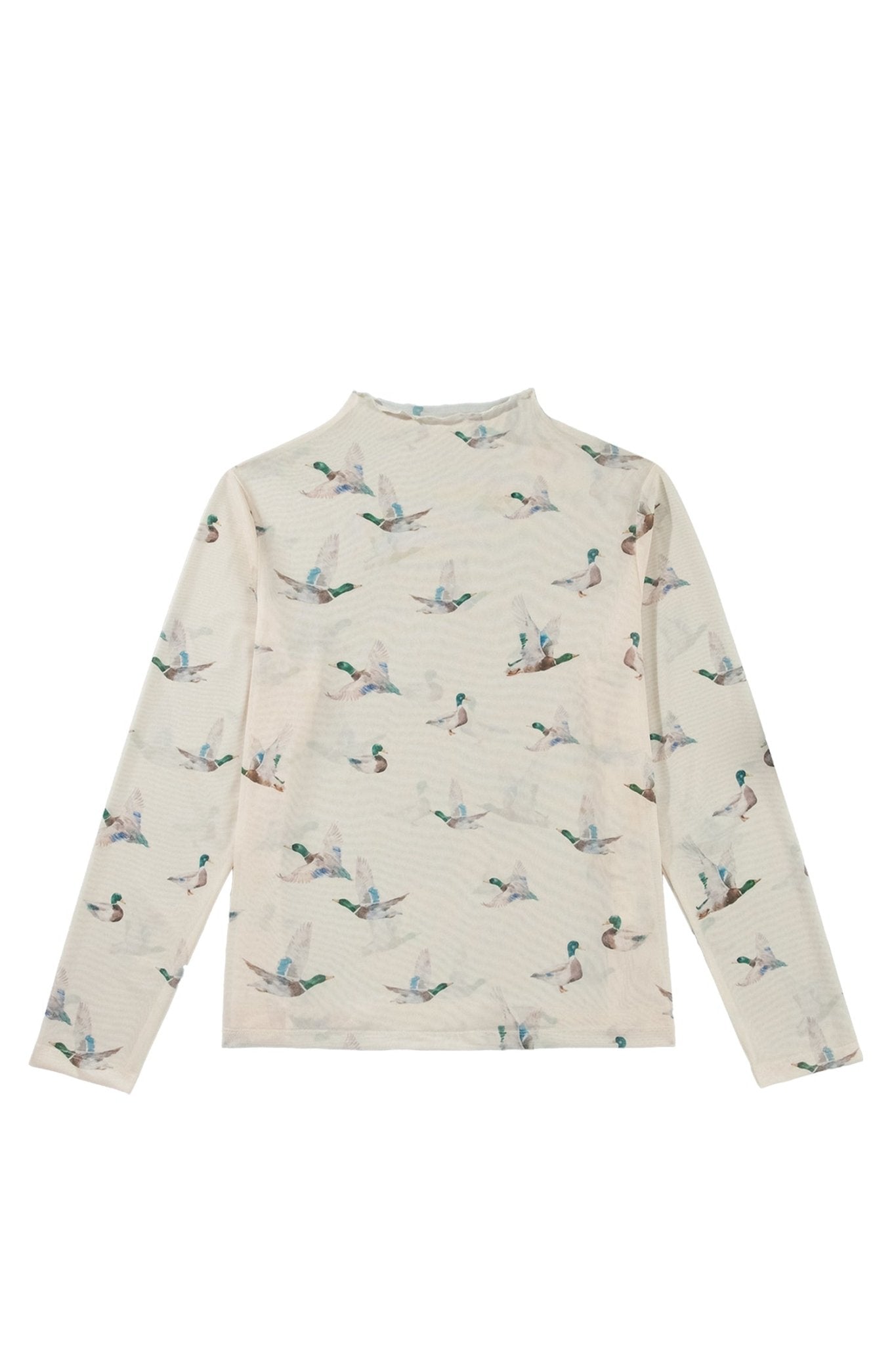 Flat-lay of an off-white long-sleeve mock-neck top with muted flying duck print.