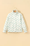 Sky blue floral quilted puffer jacket with stand collar and ruffle cuffs on a hanger
