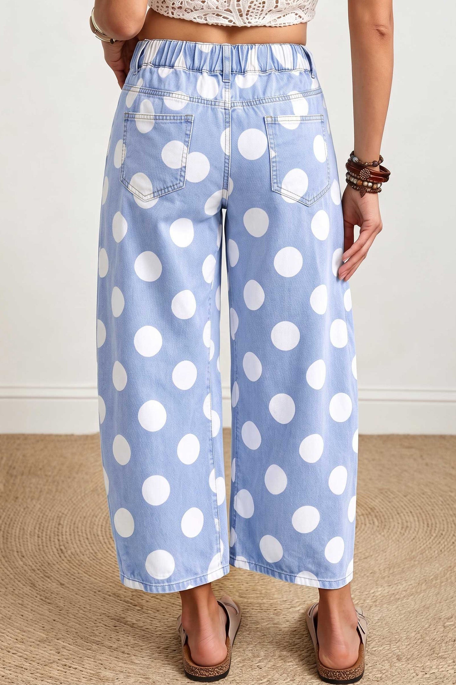Back view of sky blue polka dot barrel leg jeans with elastic back waistband
