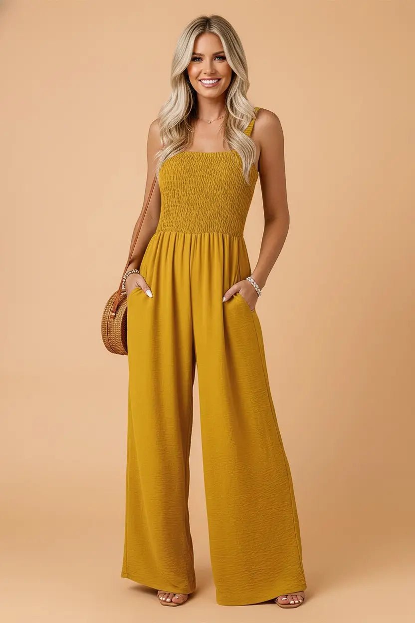 Sleeveless Smocked Wide Leg Jumpsuit with Pockets | Zarnesh