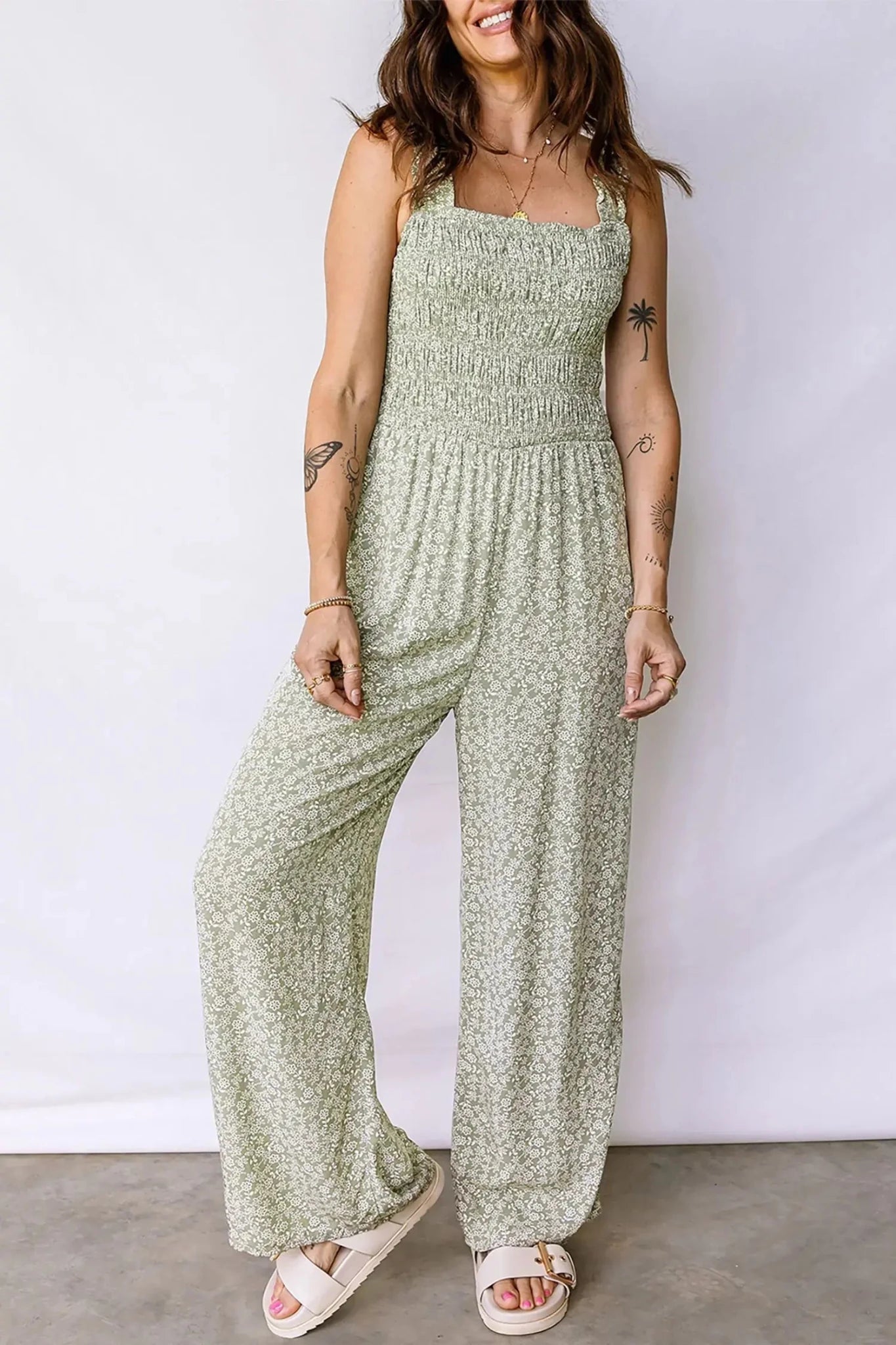 Smocked Floral Bodice Sleeveless Jumpsuit | Zarnesh