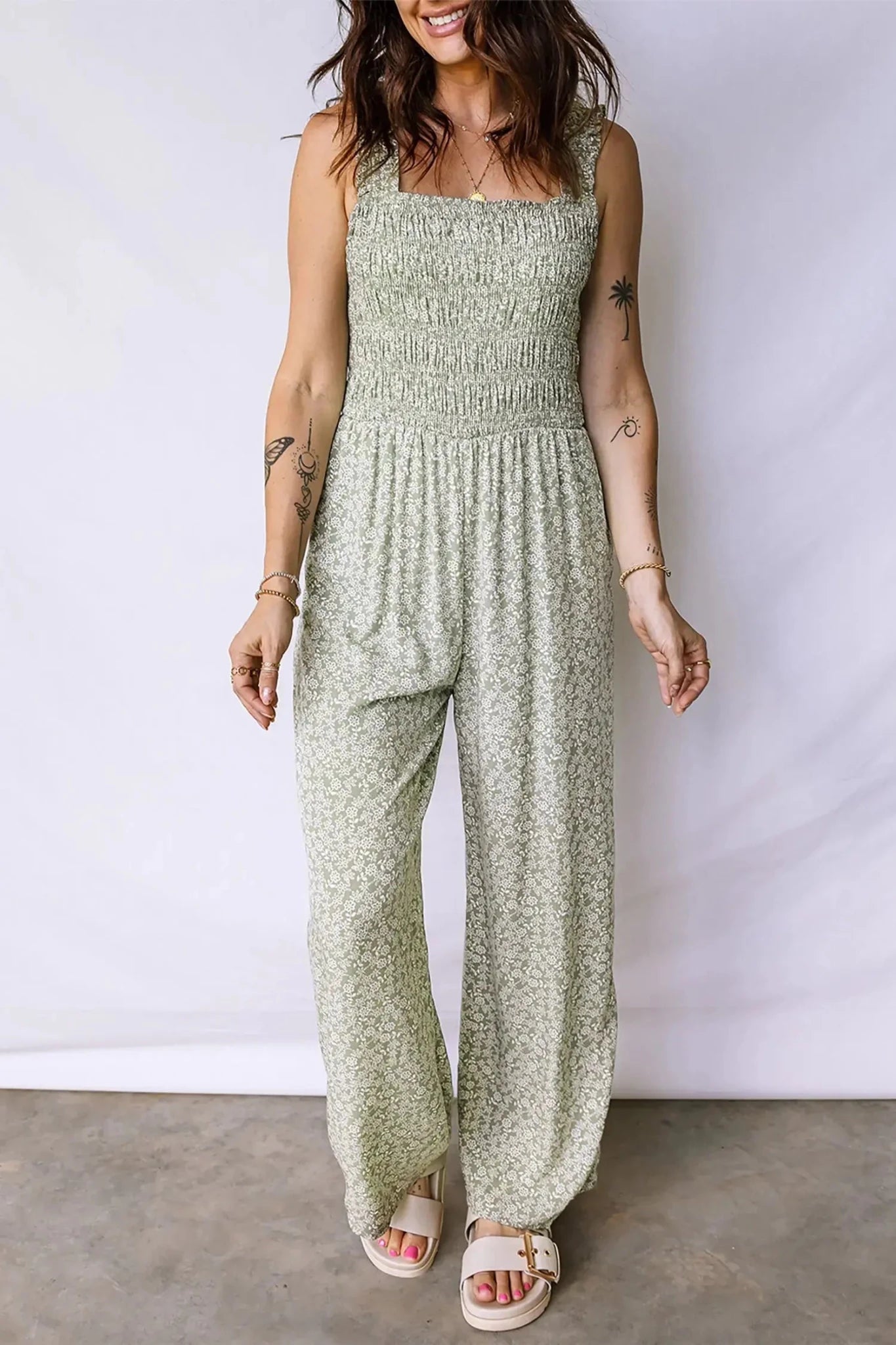 Smocked Floral Bodice Sleeveless Jumpsuit | Zarnesh