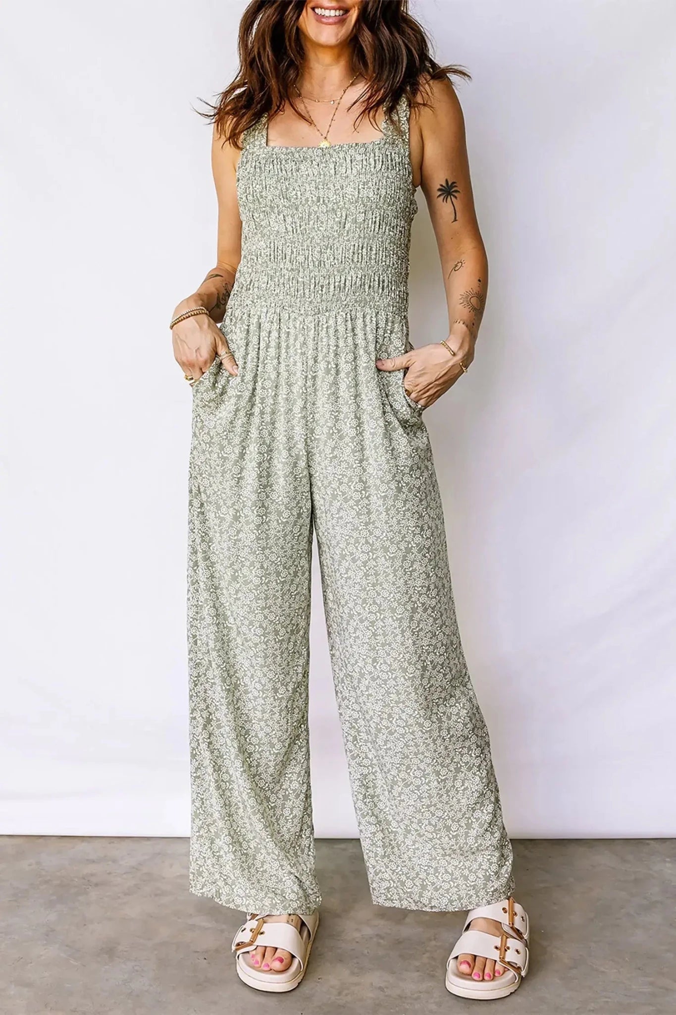 Smocked Floral Bodice Sleeveless Jumpsuit | Zarnesh