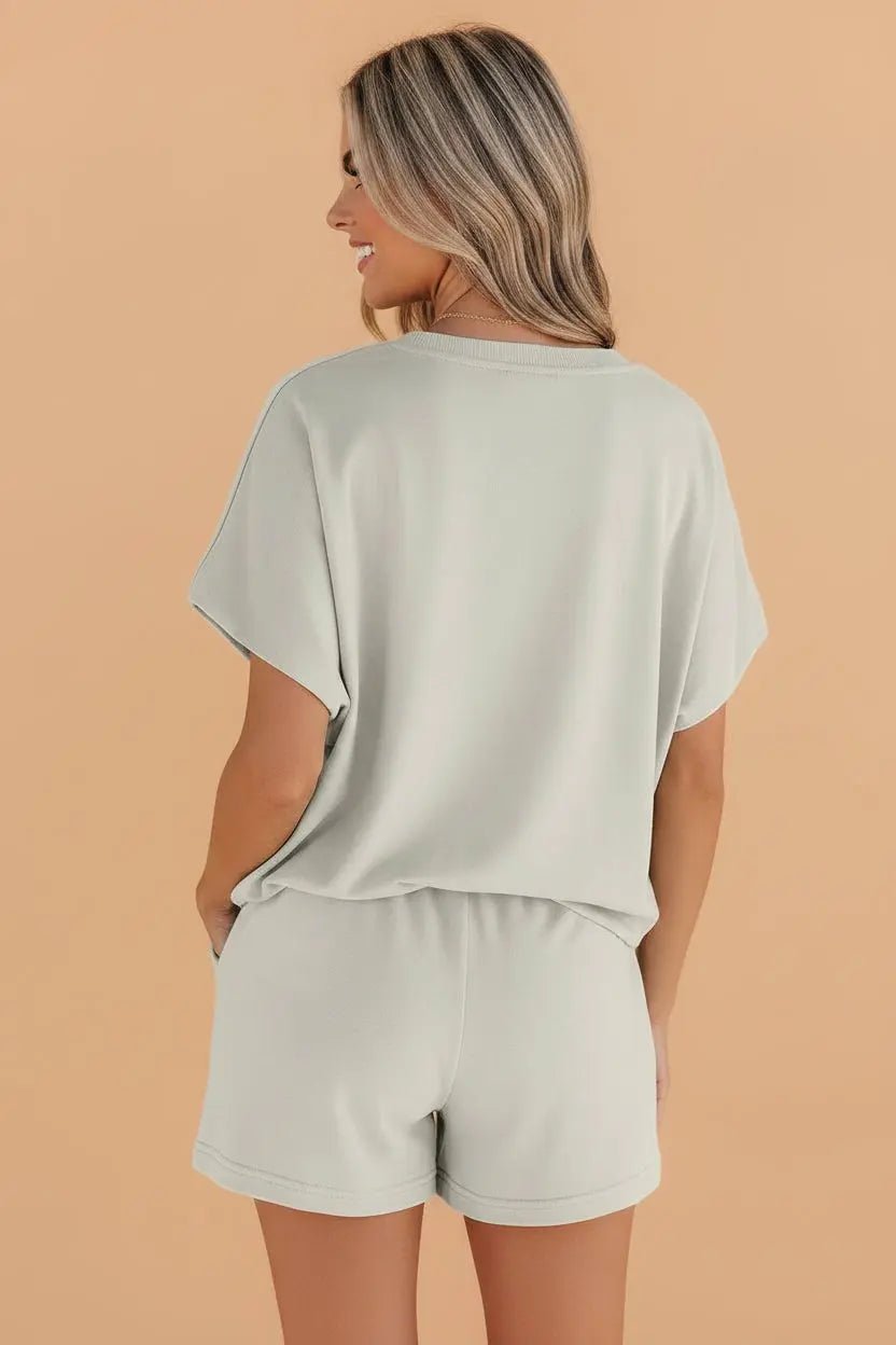 Solid Batwing Sleeve Tee & Drawstring Shorts Set | Zarnesh