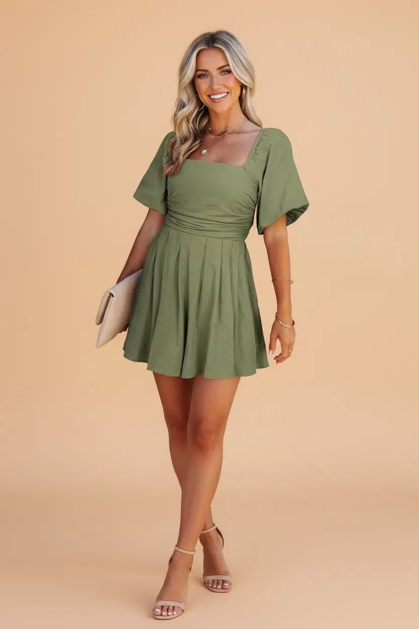 Solid Ruched Puff Sleeve Square Neck Romper | Zarnesh