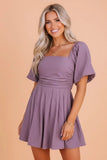 Solid Ruched Puff Sleeve Square Neck Romper | Zarnesh