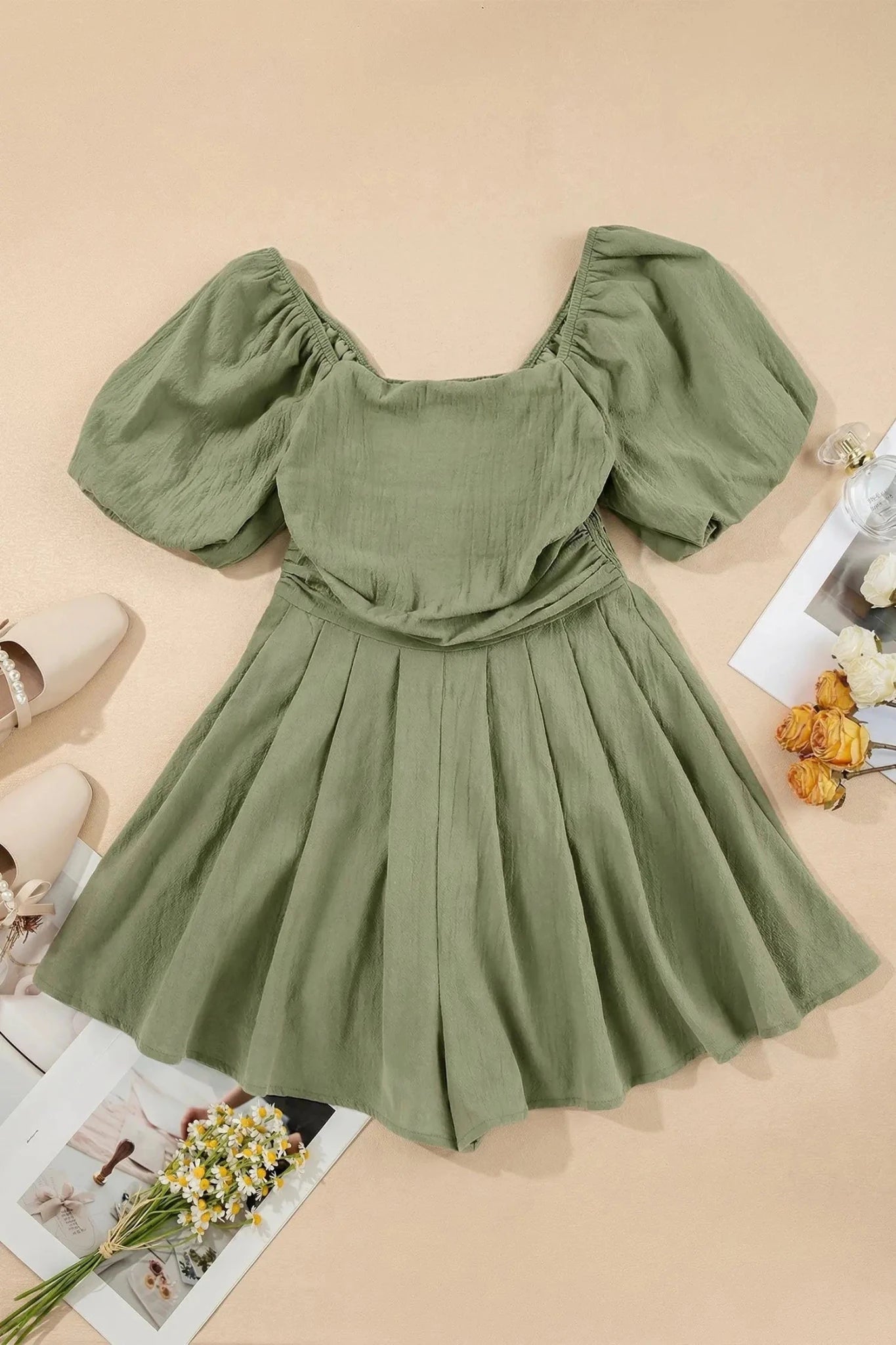 Solid Ruched Puff Sleeve Square Neck Romper | Zarnesh