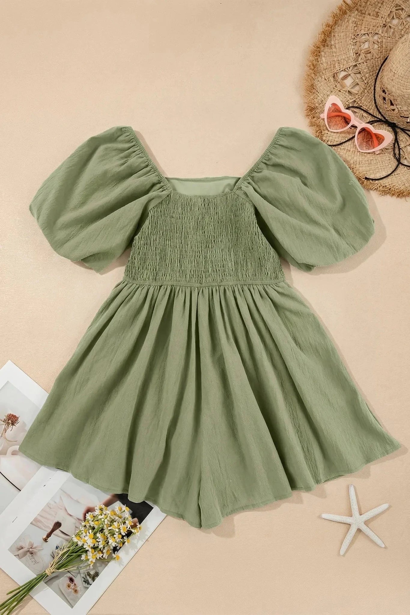 Solid Ruched Puff Sleeve Square Neck Romper | Zarnesh