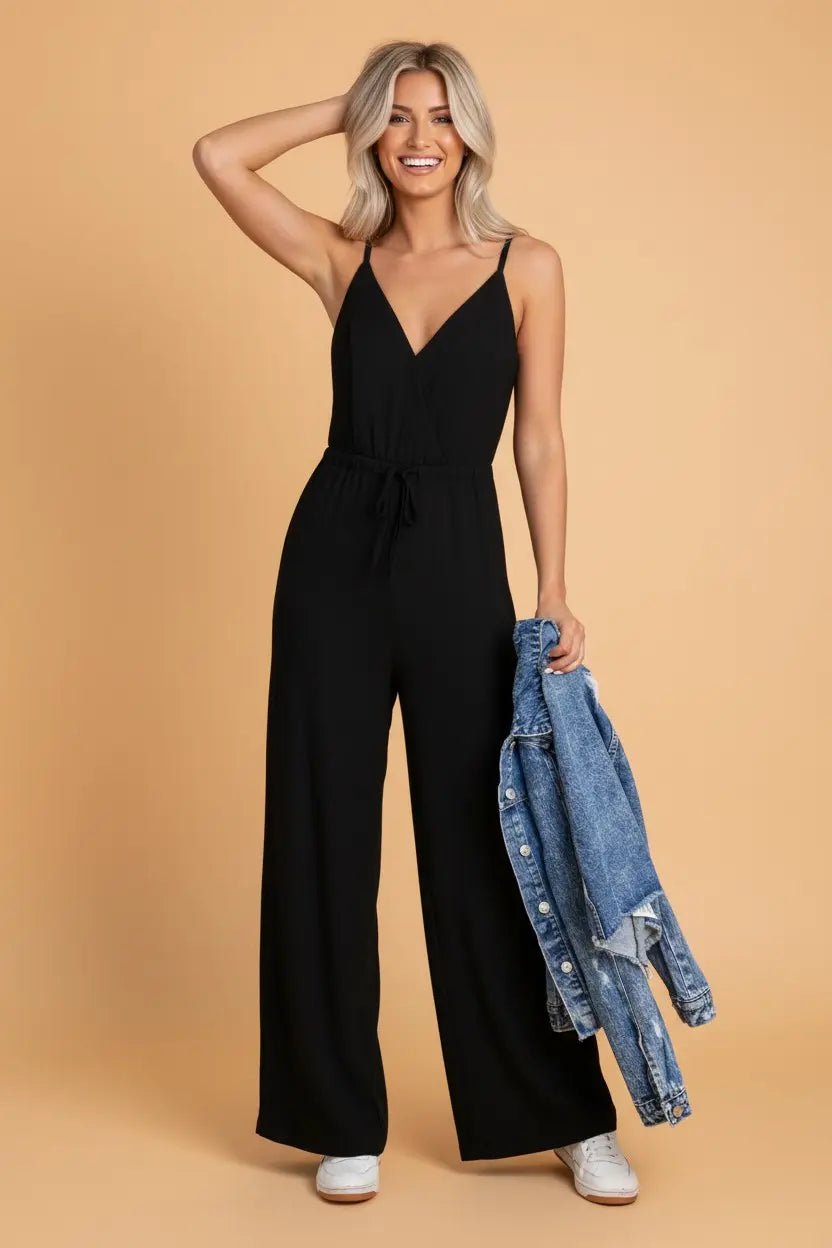 Spaghetti Strap Wide Leg Drawstring Jumpsuit | Zarnesh