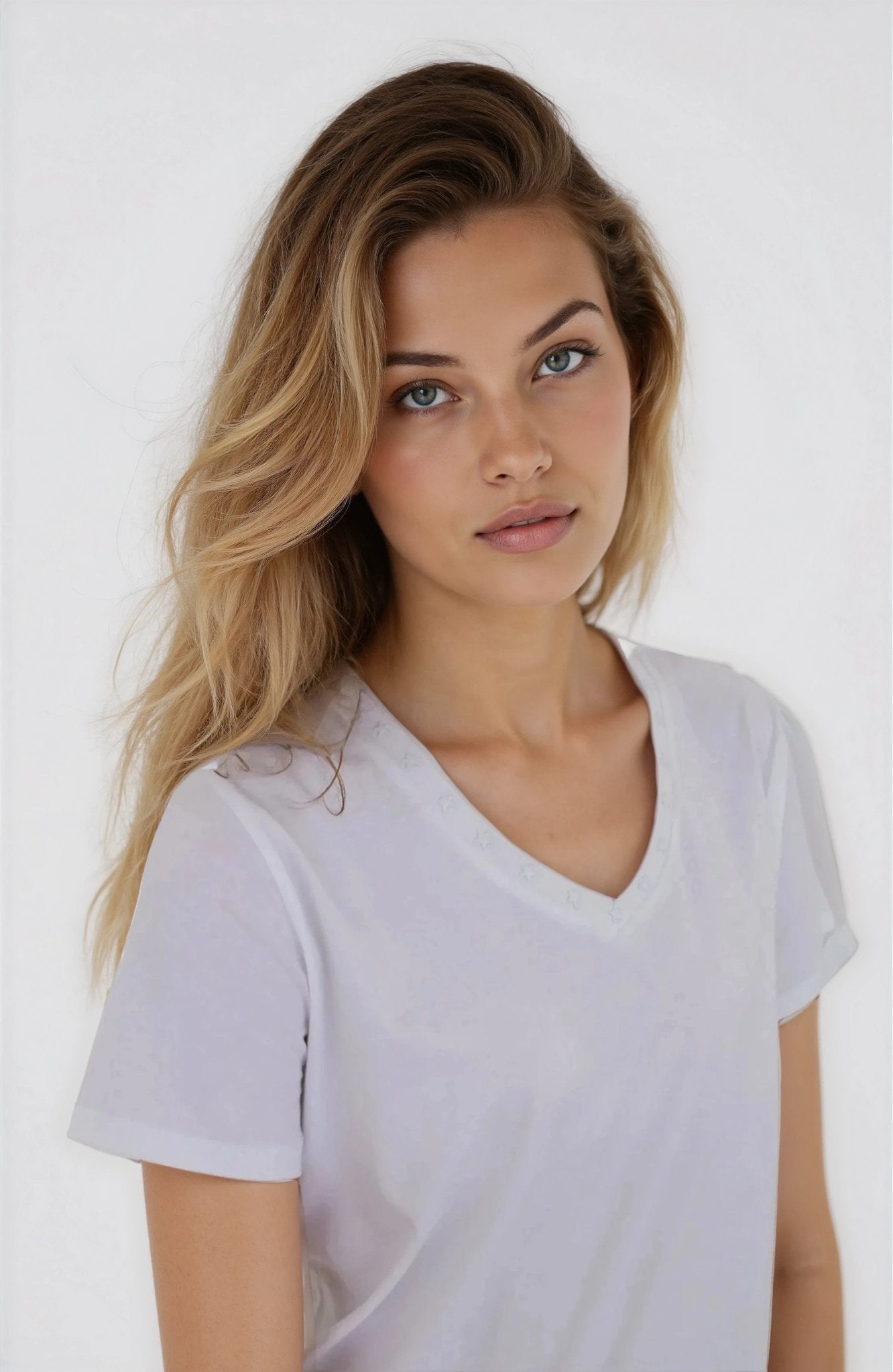 Woman wearing a white t-shirt against a plain background