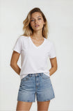 Woman wearing a white t-shirt and denim shorts on a plain background