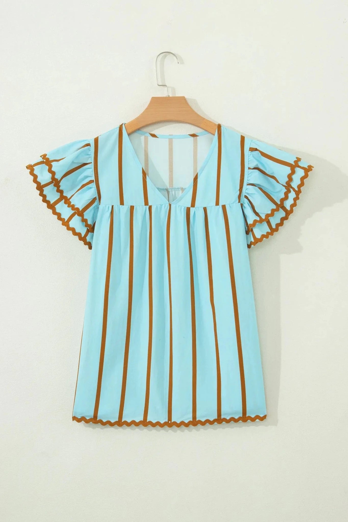Stripe RicRac Double Frill Ruffle V-Neck Blouse | Zarnesh