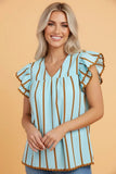 Stripe RicRac Double Frill Ruffle V-Neck Blouse | Zarnesh