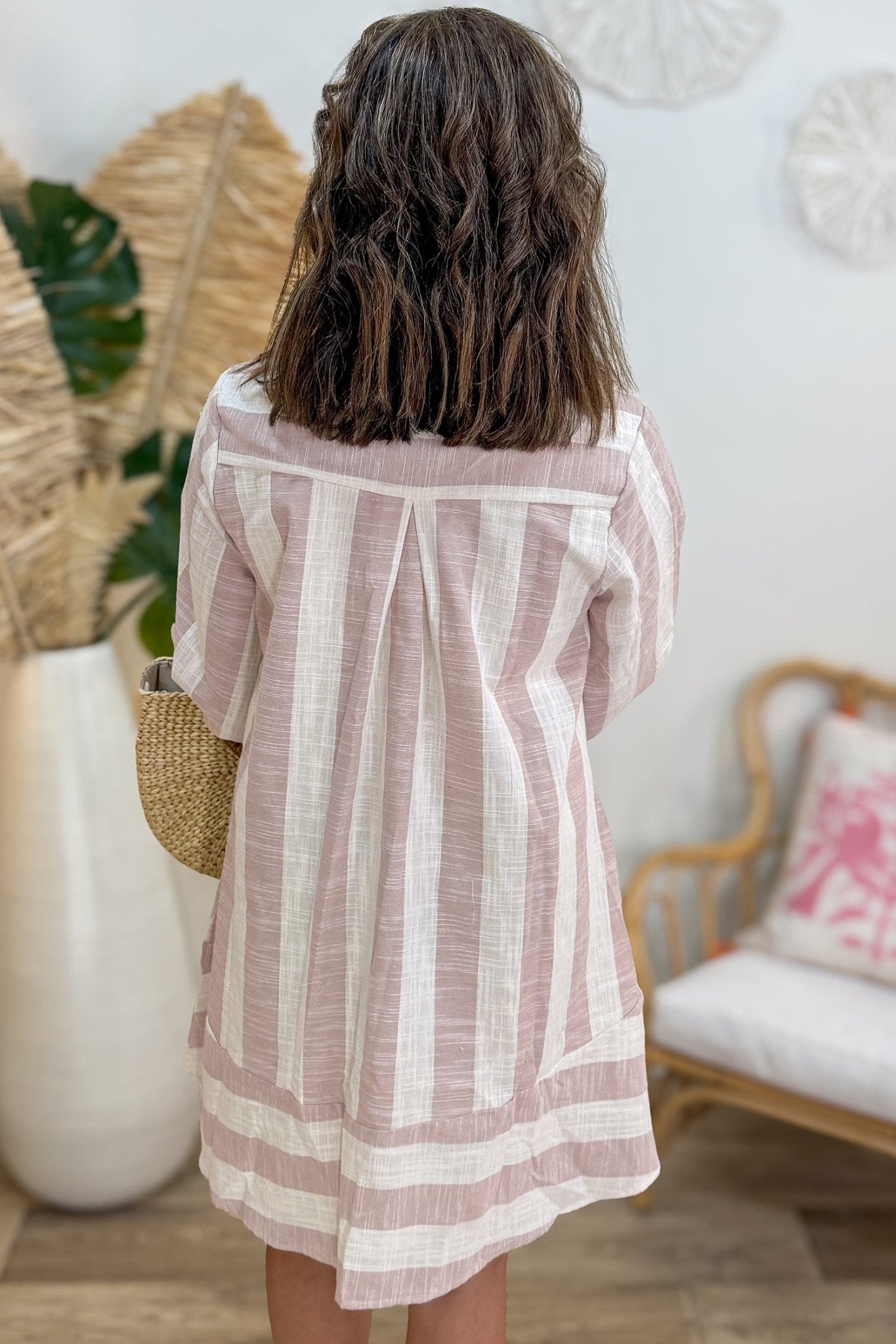 Stripe V Neck Button Tunic Mini Dress | Zarnesh - ZarneshDresses/Mini Dresses