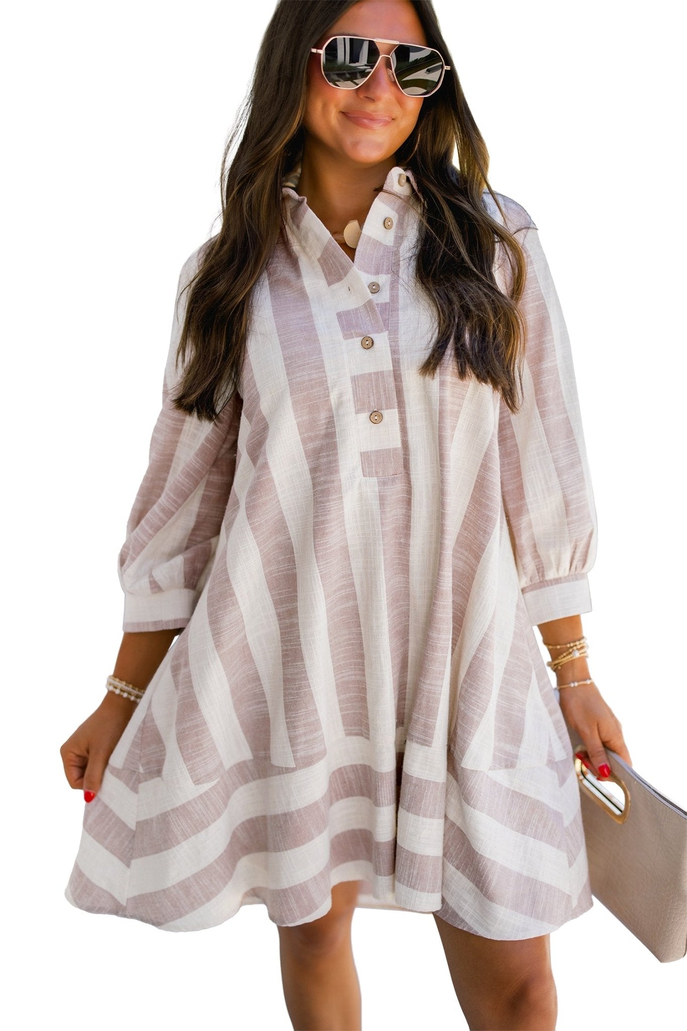 Stripe V Neck Button Tunic Mini Dress | Zarnesh - ZarneshDresses/Mini Dresses
