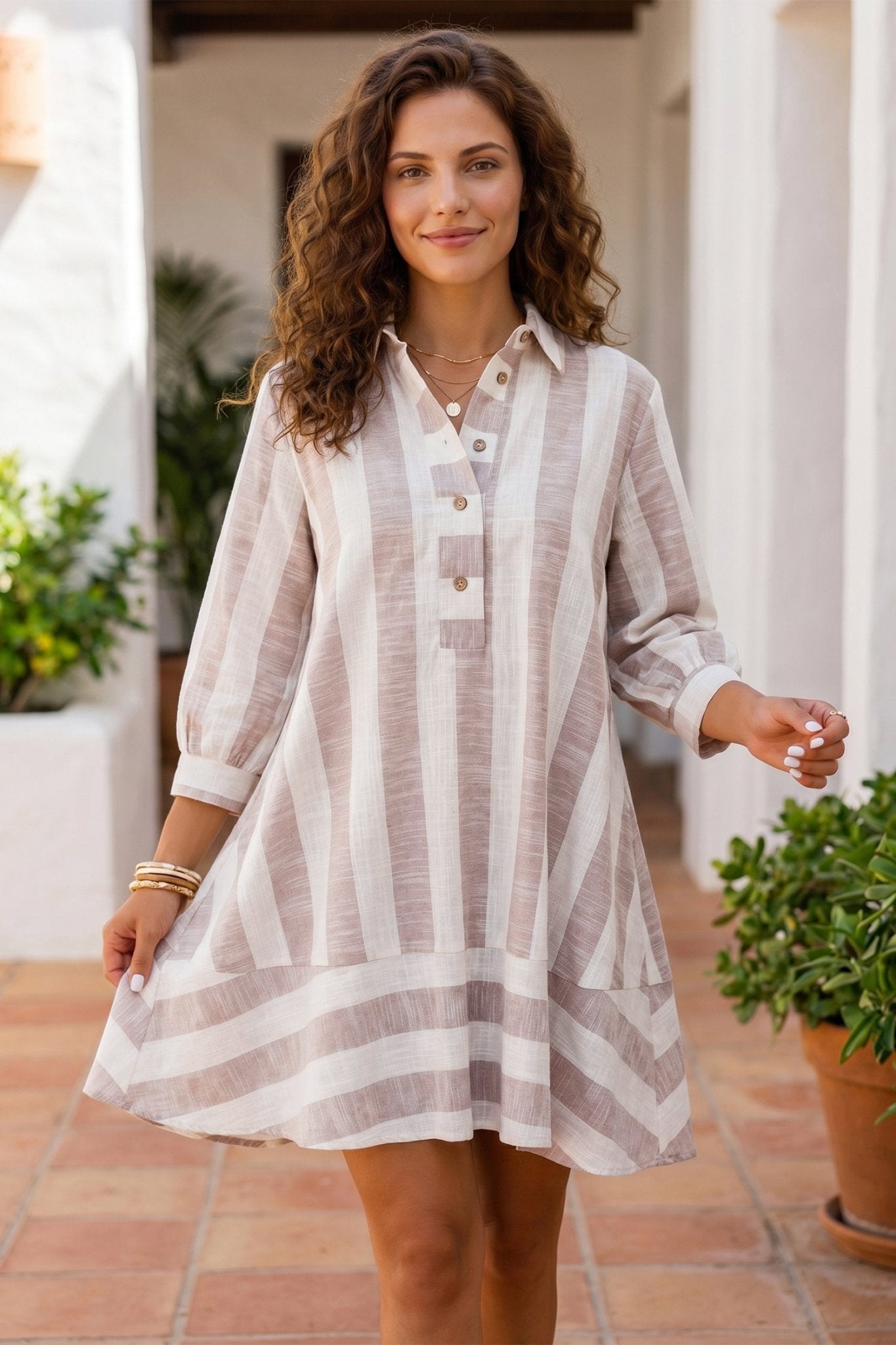 Stripe V Neck Button Tunic Mini Dress | Zarnesh - ZarneshDresses/Mini Dresses