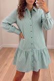 Woman taking mirror selfie in mint green-white striped button-down shirt dress on light wood floors.