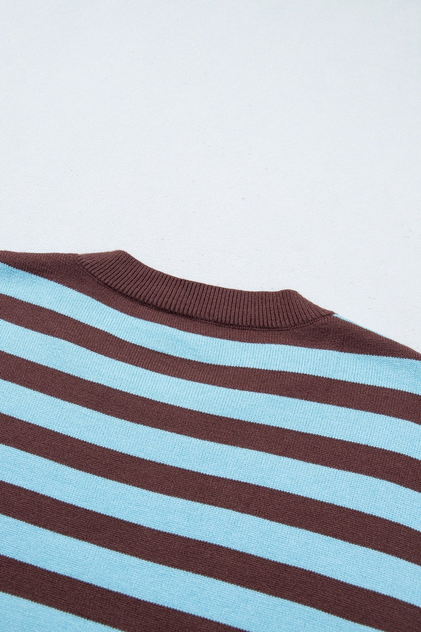 Close-up of striped knit top with ribbed brown crew neck and alternating light blue and dark brown stripes.