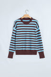 Long-sleeve striped sweater in light blue and dark brown on a wooden hanger.