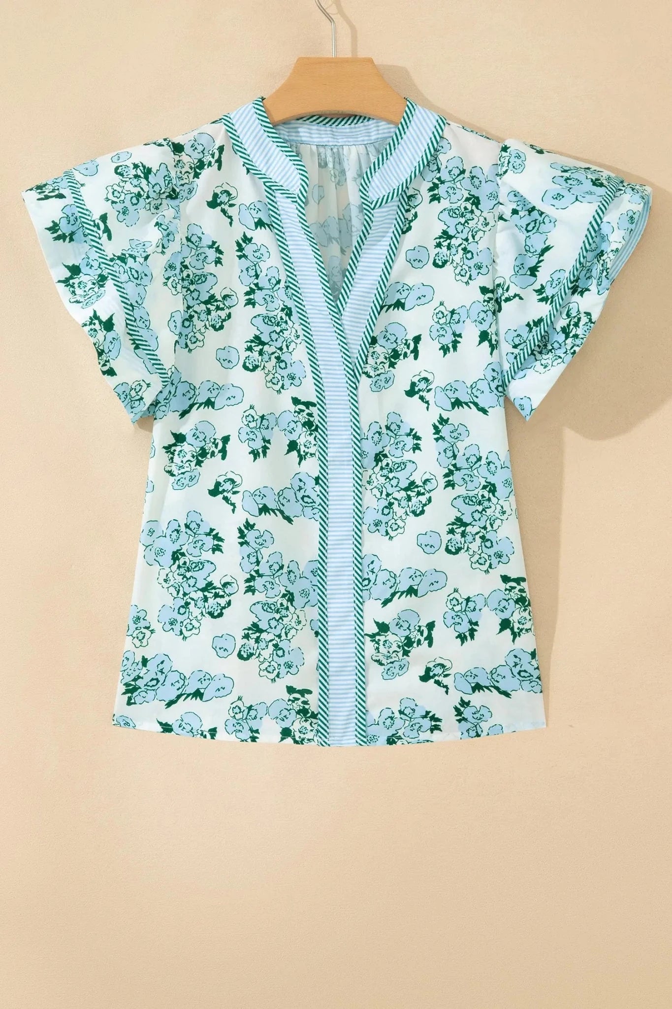 Striped Floral Flutter Sleeve V-Neck Blouse | Zarnesh