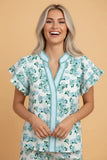 Striped Floral Flutter Sleeve V-Neck Blouse | Zarnesh