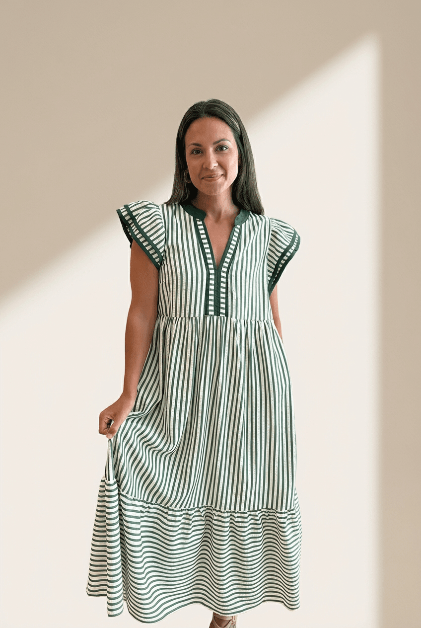 Woman wearing a green and white striped dress against a beige wall.