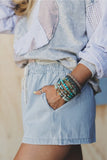 Person wearing a denim jacket and shorts with a blurred background