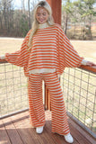 Orange striped balloon sleeve top and wide leg pants set, full length