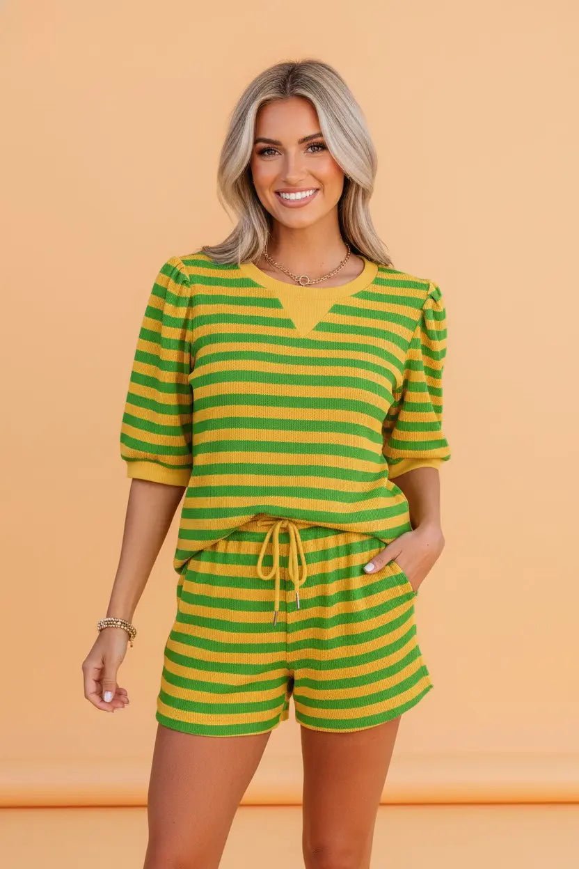 Striped Puff Sleeve Top & Shorts Lounge Set | Zarnesh