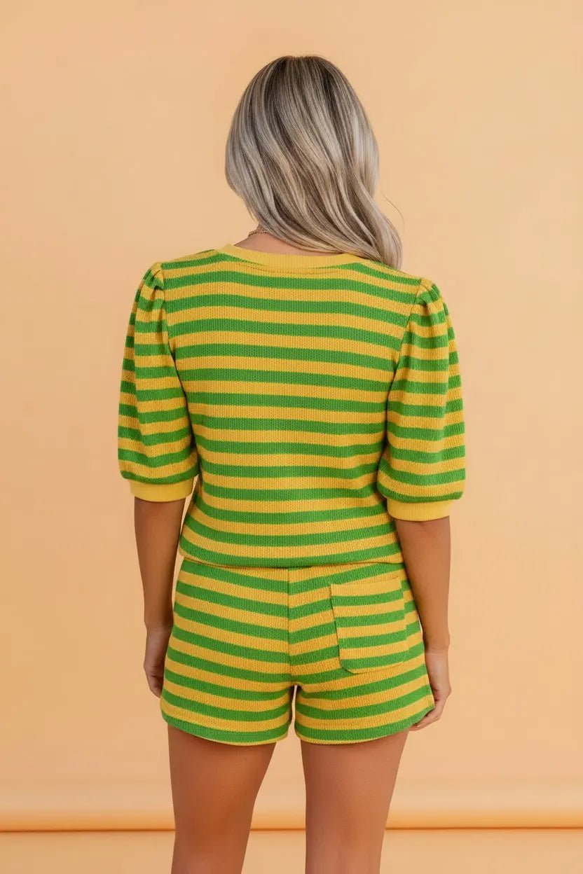 Striped Puff Sleeve Top & Shorts Lounge Set | Zarnesh
