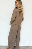 Brown striped pullover and vertical stripe wide leg pants set, back view