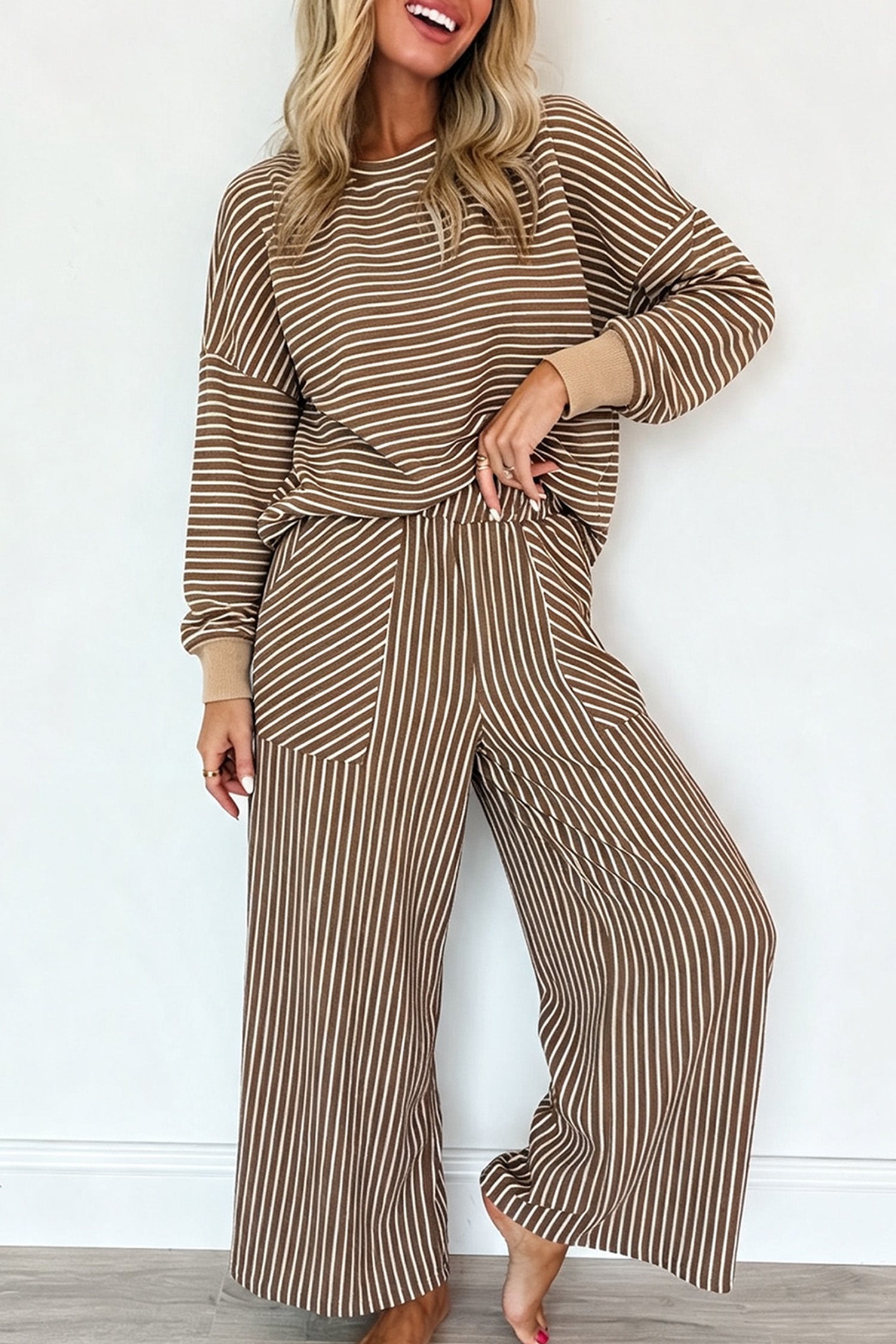 Women's brown and cream striped pullover and wide leg pants set, front view