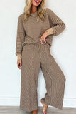 Women's brown and cream striped pullover and wide leg pants set, front view