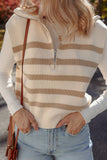 Person wearing a beige and brown striped vest over a white long-sleeve shirt, with a blurred background.