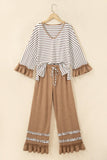 Brown and white striped two-piece set with ruffled waist tie and wide-leg pants.
