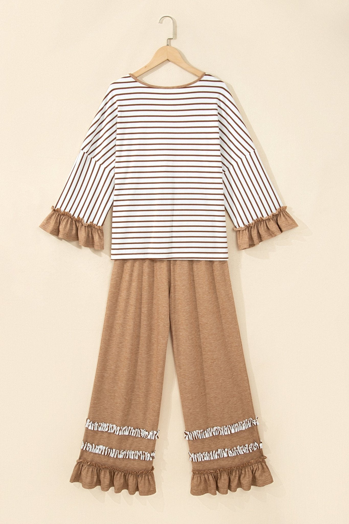 Children's brown and white striped set with ruffled cuffs and matching wide-leg pants.