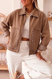 Women's coffee brown studded pocket cropped denim jacket with white pants, front view