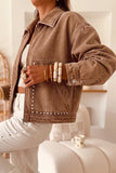 Coffee denim jacket with silver studded pockets and hem, styled view