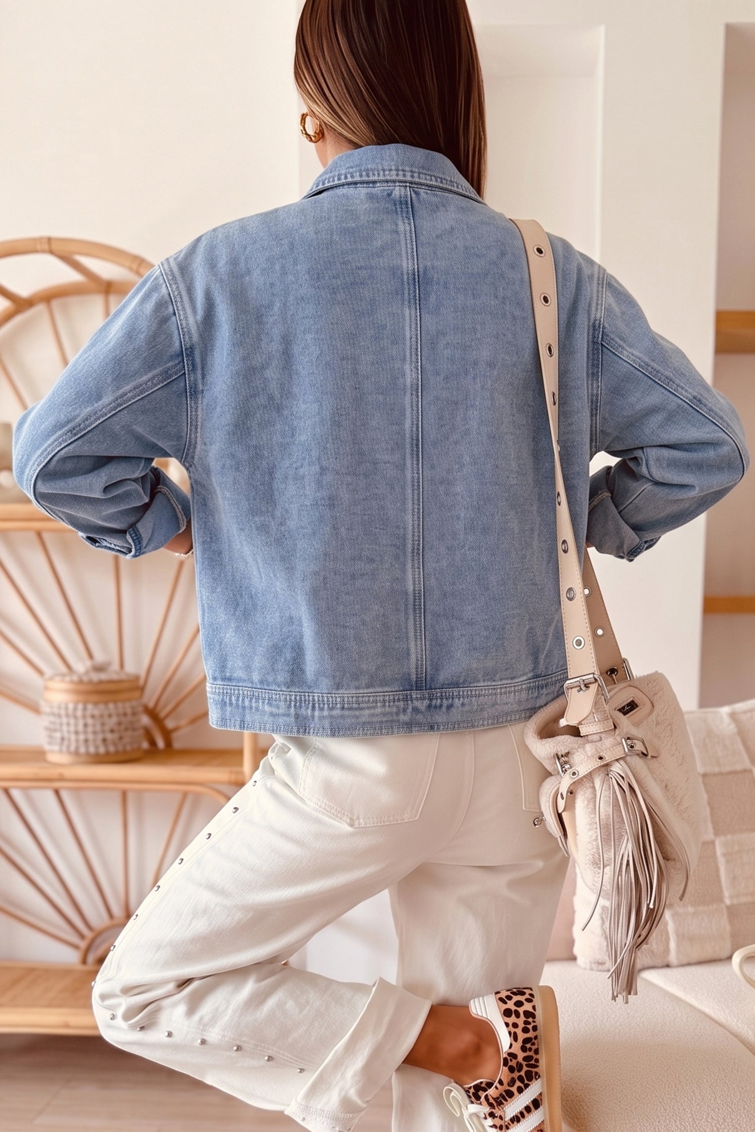 Light blue cropped denim jacket with center back seam, back view